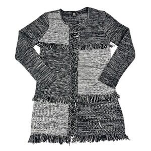 Bobeau Womens Black‎ White Marled Fringe Colorblock Open Front Cardigan Medium